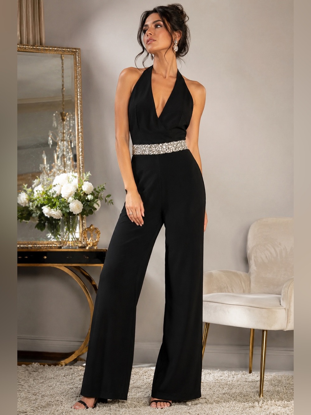 Alice + Olivia Dillyn Crystal Embellished Halter Jumpsuit Black Size 0